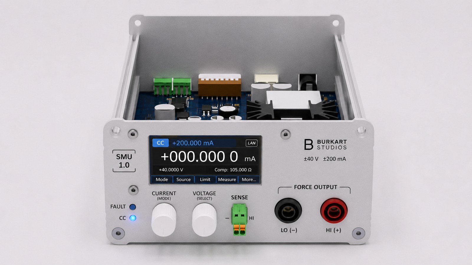 Open source measure unit electronics prototype in a machined aluminum enclosure.
